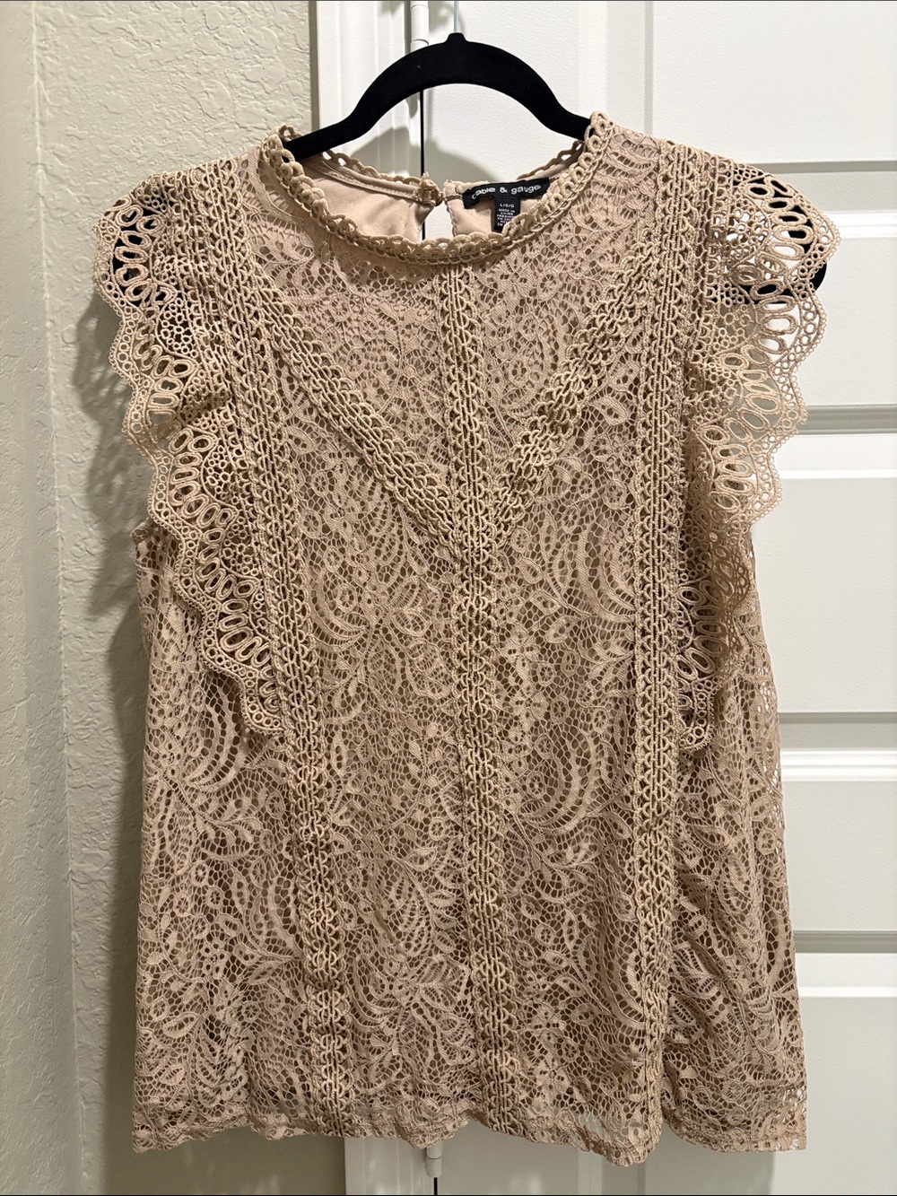 Cable & Gauge Lace Overlay Blouse in Taupe